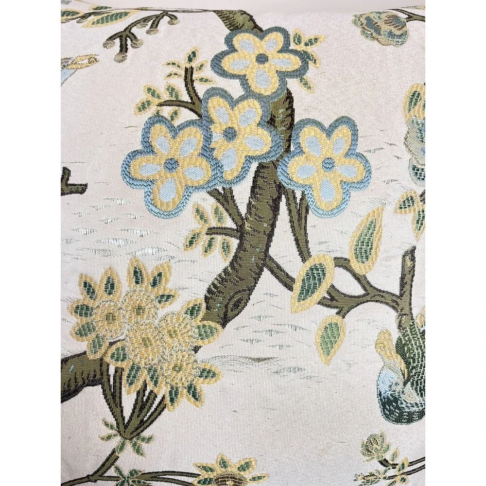 Vintage Hollywood Regency Peacock Flowers And Birds Pillow 22”x22” Estate Decor